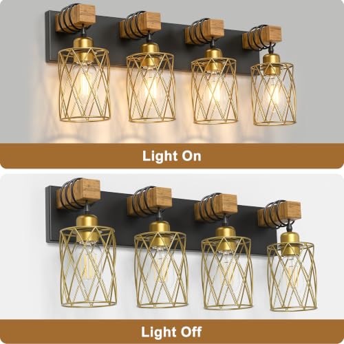 Image of IZORRO Farmhouse Bathroom Vanity Light, 4-Light Wood Bathroom Light Fixtures Over Mirror, Black and Gold Industrial Vanity Lights with Metal Shade, Rustic Restroom Lighting Fixtures