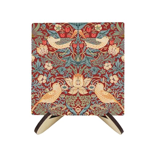 Image of Red Strawberry Thief Ceramic Coaster Set - William Morris Artwork Gifts - Square Set of Four (4) Coasters & Wood-Effect Coaster Stand