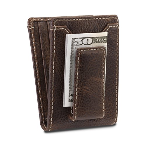 House of Jack Co. Ivor Bifold Money Clip Wallet for Men, Strong Magnetic Front Pocket with Exterior ID Window, Full Grain Cowhide Slim Card Holder, Brown