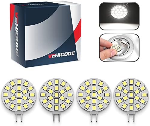 VehiCode G4 LED Bulb 12V AC/DC Daylight White 10W Halogen Equivalent Puck Cabinet Spot Light Bright 6000K JC Bi-Pin Base Round Lamp Replacement for Outdoor Landscape RV Camper Marine Boat (4 Pack)