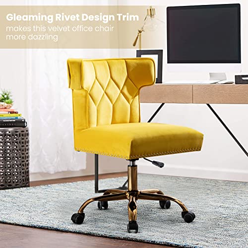 Recaceik Velvet Home Office Chair, Modern Adjustable Swivel Desk Chairs With High Back 360 Degree Castor Gold Wheels For Living Room/Bedroom/Office (Yellow) #TOP3