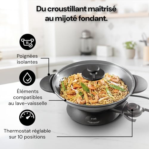 riviera&bar Wok Électrique Expert 5L - Cuve en Fonte d'Aluminium, Couvercle en Verre, Thermostat Réglable 10 Positions, Cuisson Polyvalente et Nettoyage Facile - Pour 8 Personnes - Noir – Image 5