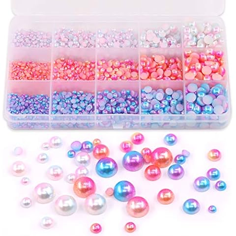 Mardatt 2850Pcs 3 Colors ABS Gradient Imitation Pearls Half Round Pearls Assortment 3 4 5 6 8mm Iridescent Flatback Pearl Cabochons Beads for Embellishment Arts Crafts W Storage Box Cover