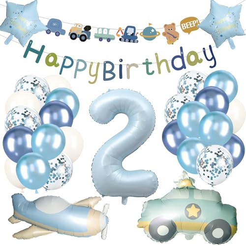 Decoração de aniversário para crianças 2 anos 31 peças, 2º balões azuis pastel, aviões de carro aniversário 2 anos balões, para crianças festa de cumprimento