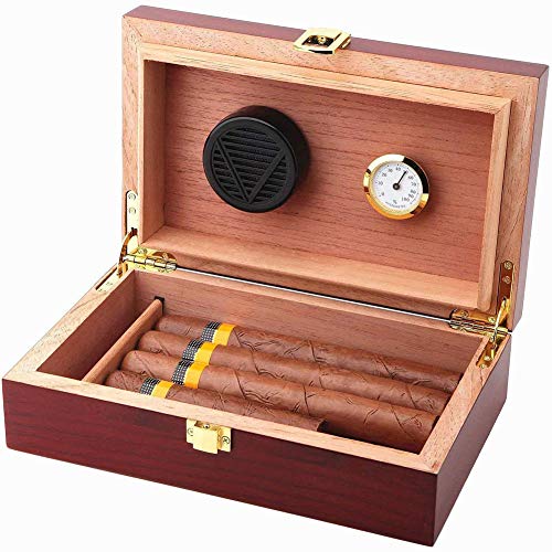 Cigar Case - Humidor de madera de cedro hecho a mano con higrómetro, 5 contenedores de almacenamiento de puros y regalo para hombres
