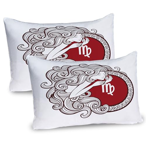 Ambesonne Virgo Pillow Sham Set of 2, Vintage Horoscope Concept Fantasy Character Illustration with Round Sketchy Art, Quality Microfiber Bedding Item for All Seasons, 36