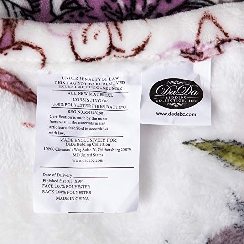 Dada Bedding Soft Faux Mink Fleece Flannel Purple Floral Throw Blanket - Blossom Garden Birds Elegant Orchid Lavender & Olive Green - Plush Warm Animal Lover House Warming Decor Gift Idea - 90" X 90" #TOP5