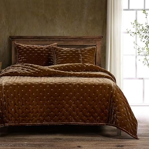 HiEnd Accents Stella Faux Silk Velvet Quilt, Queen Size, Copper Brown Solid Color, Romantic Modern Western Traditional Style Luxury Bedding Cover