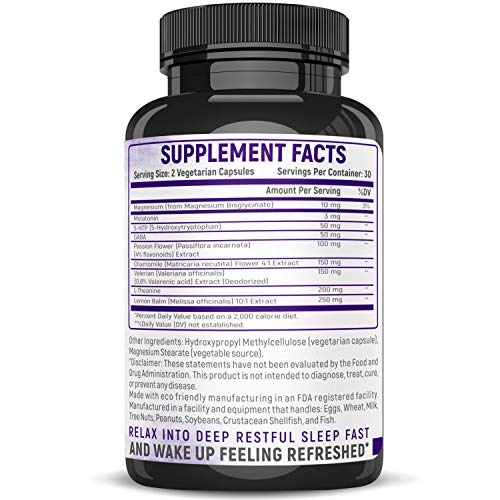 Sleep Well Natural Sleep Aid Supplement - Vegan Non Habit Forming Herbal Sleeping Pills for Adults. Calm, Relax Fast, Support Rest & Wake Refreshed. Melatonin, Valerian, Chamomile - 60 Veggie Capsules