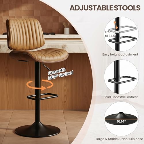 Image of MALOL Bar Stools Set of 4, Adjustable Counter Height Bar Chairs 26 inch-34.5 inch with Swivel & Footrest, Modern Faux Leather Barstools for Kitchen Island, Dining Room,Pub,Brown