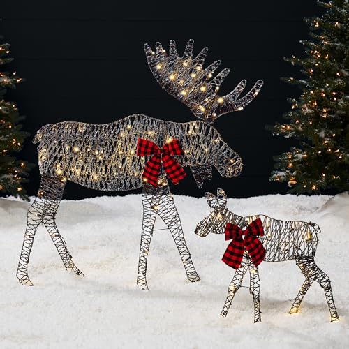 Best Choice Products 2D Moose Family Outdoor 2Pc Christmas Yard Décor, 4ft Lighted Yard Set Prelit All-Weather w/ 125 LEDs, Ground Stakes - Rattan
