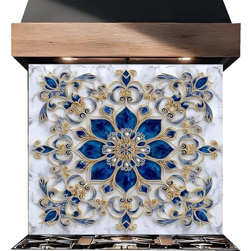 Royal Blue Mandala Glass Backsplash for Kitchen