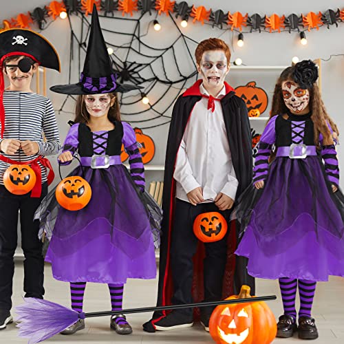 4 Pcs Halloween Costume Set Deluxe Witch Hat Broom Tutu Skirt Striped Thigh High Stockings For Kids Girls Fairytale Party (Purple, M) #TOP4