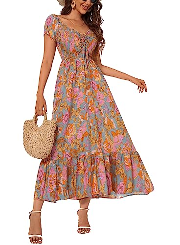 Image of Summer Smocked Boho Maxi Dress for Women 2026 Short Sleeve Floral Smocked Flowy Ruffled Beach Vacation Dresses Lightweight