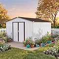 LINKHOO 8 x 10 Ft Storage Shed, Metal Storage Sheds with Lockable Doors for Garden, Backyard, Patio and Lawn, White