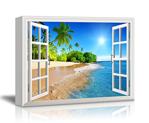 wall26 Canvas Print Wall Art - Window Frame Style Wall Art - Beautiful Tropical Beach with White Sand,Clear Sea and Palm Trees Under Blue Sunny Sky - 32