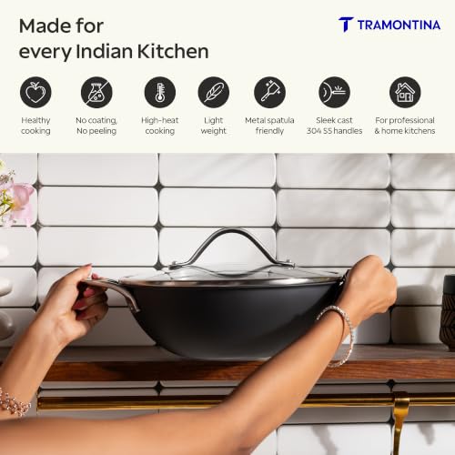 Image of TRAMONTINA Heritage Iron Kadai with Lid 24 cm 2.7 L | Black