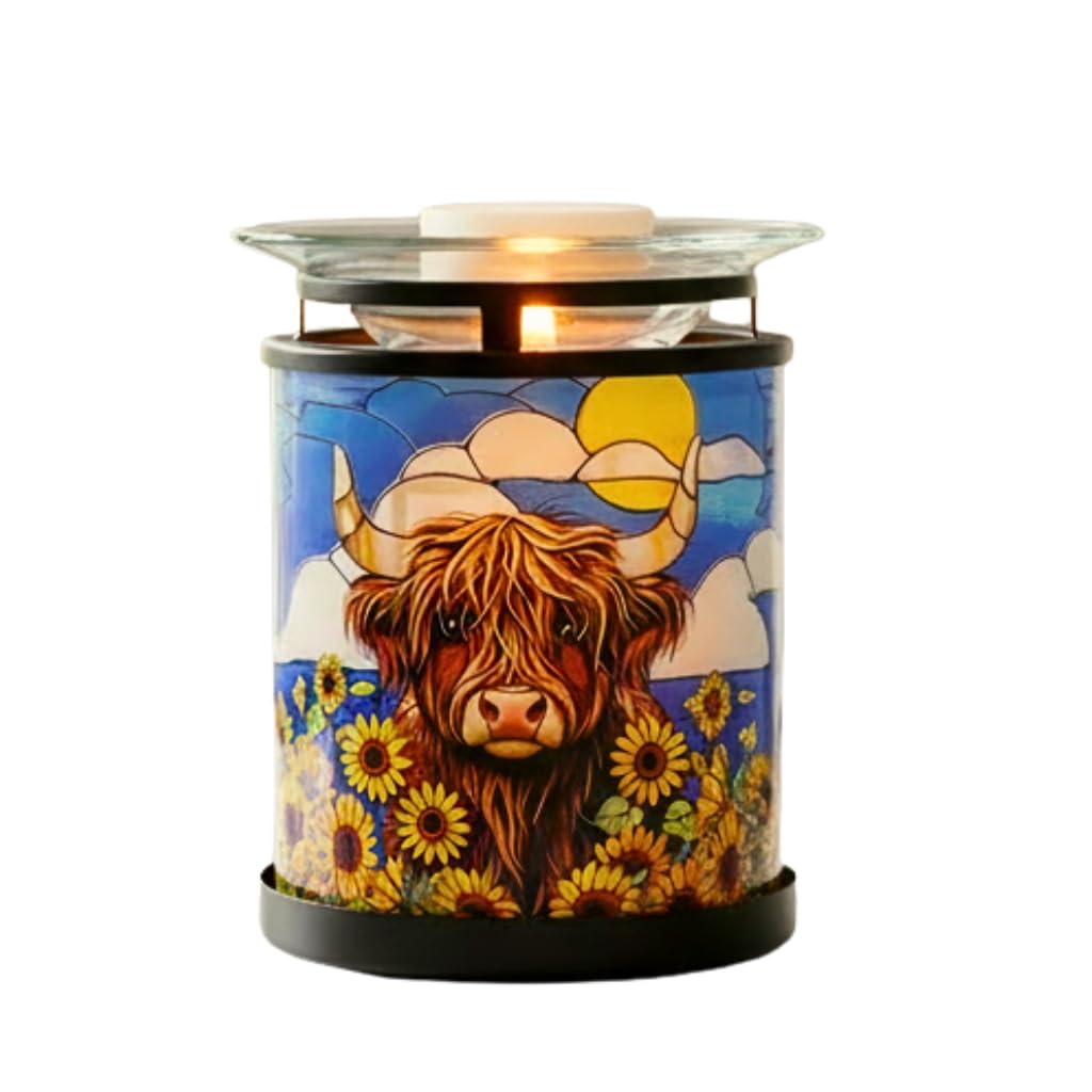 Cello Tealight Wax Warmer – Sunflower Highland Cow Design Fragrance Candle Warmer Scented Oils Child & Pet Safe Aromatherapy Home Décor Gift for Her Aesthetic Room Birthday Present