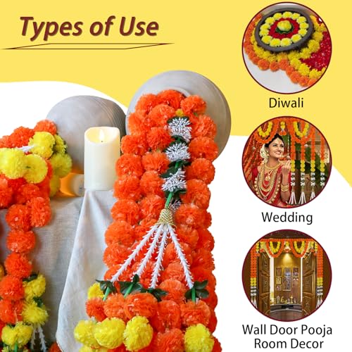 Image of Marigold Garland for Diwali Decoration- 5PCS 5FT Artificial Marigold String Bandarwal Toran Porch Valance Mandir Pooja Decor Mandap Wedding Housewarming Patio Party Backdrop Ornament