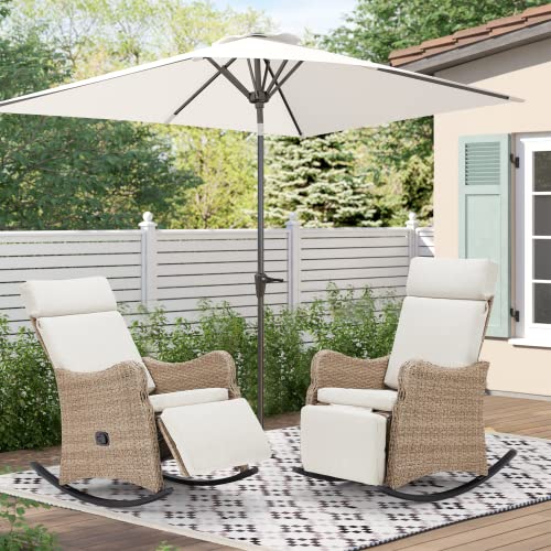 HOMREST Outdoor Recliners Set of 2, Wicker Recling Chairs with Adjustable Back up to 150°, Porch Balcony Recliner with Extended Footres and Removable Cushion for Garden,Light Grey