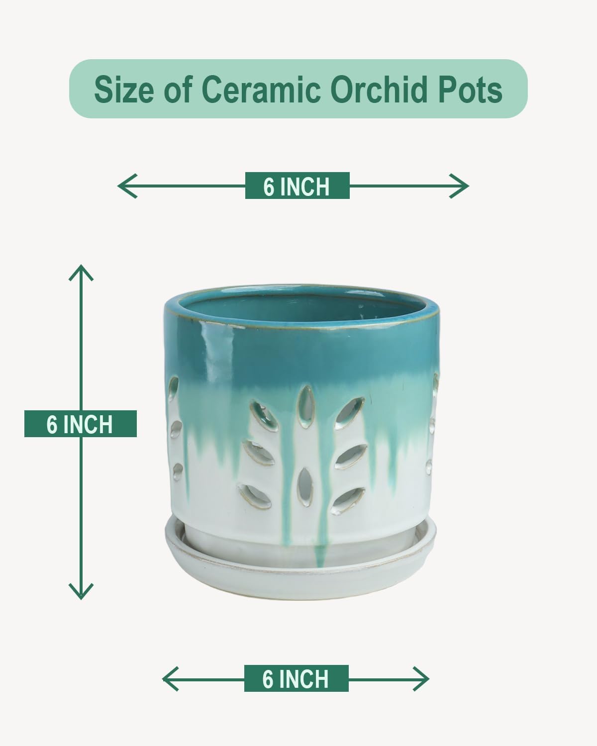 vensovo 6 Inch Ceramic Orchid Pots with Holes - Round Orchid Pots for Repotting, Garden Planter Indoor and Outdoor with Attached Saucer Supports Air Circulation(Green and White)