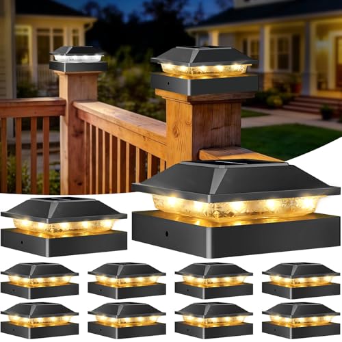 Peasur 4x4 Solar Post Cap Light 10 Pack, 2 Modes 16 LED Fence Deck Post Lights Waterproof, Black Post Lights Solar Powered Outdoor, Fit 4x4, 3.5x3.5 Wood/Vinyl Posts for Porch Fence