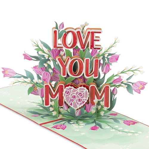 POPWOW Love You Mom Pop Up Card, Flower, Heart Shaped Symbol, Gift For Birthday, Mothers Day, Anniversary, Valentines Day, Mom, Godmother, Mother in Law, 5x7 - Includes Envelope And Message Note