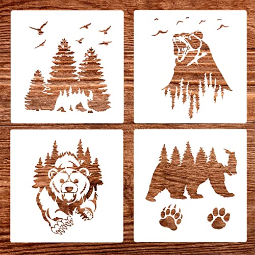 4 Pack (12x12 Inch) Painting Drawing Wildlife Stencils Forest Bear and Claw Stencil for DIY Rock Painting Art Projects, Reusable