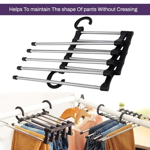 Image of Storite 5 in 1 Stainless Steel Foldable Clothes Hanger | Multi-Layer Space Saving Pant Hanger for Wardrobe | Multipurpose Foldable Trouser & Scarf Organizer Rack (Black)