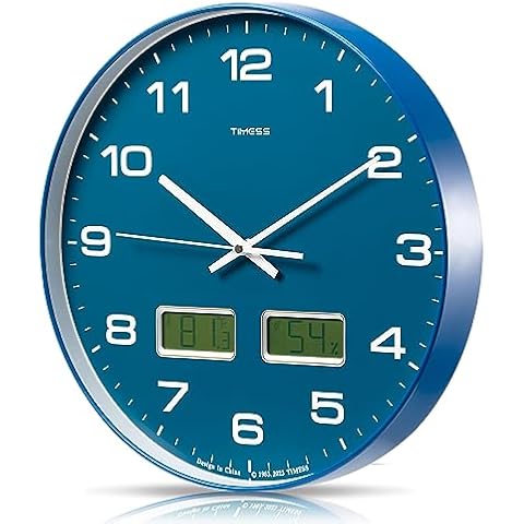 TIMESS Wall Clock, 14" Large Dial Non-Ticking Silent Battery Operated Analog with Dual LCD Display for Instant F° Temperature and Humidity, Ideal Modern Home, Bedroom, Office Decor (Blue) Cover