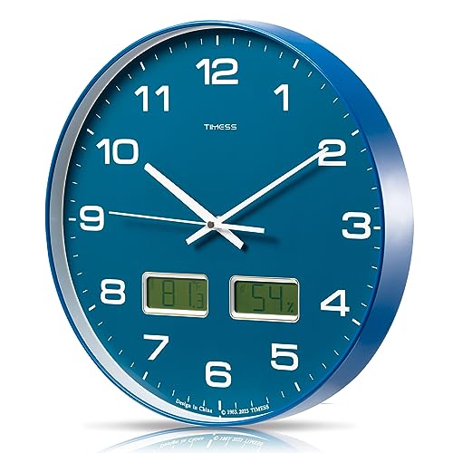 Wall Clock, 14 Large Dial Non-Ticking Silent Battery Operated Analog with Dual LCD Display for Instant F° Temperature and Humidity, Ideal Modern Home, Bedroom, Office Decor (Blue)