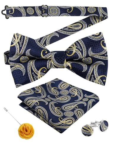 Image of Alizeal Mens 4pcs Vintage Paisley Bow Tie Set | Pre-tied Pocket Square Cufflinks Boutonniere for Wedding Everyday Use
