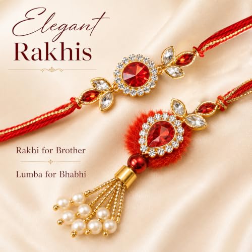 Image of Kaameri Bazaar Rakhi for Brother and Lumba for Bhabhi Hamper Gift Set with Chocokiss Cookies 75g, Trail Mix 35g, Choco Coated Almonds 35g, Roli Chawal, Greeting Card & Premium Gift Box for Raksha Bandhan