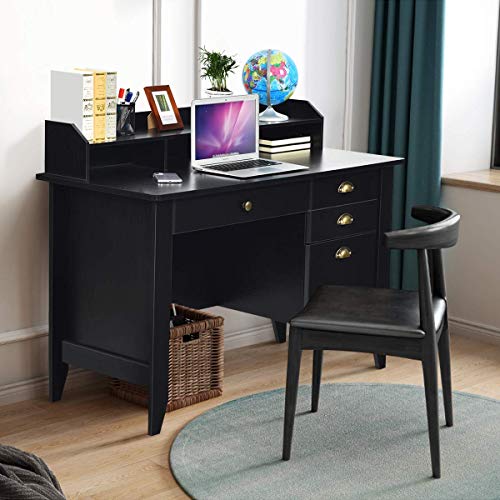 Catrimown Computer Desk With Drawers And Hutch, Executive Desk Teens Study Student Desk Writing Home Office Desks For Bedroom Small Spaces Wood Furniture, Vintage Style Black #TOP2