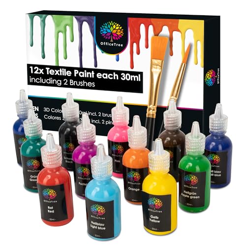OfficeTree 3D Fabric Paint Set - 12 x 30 ml Washable Textile Paint with 2 Brushes - Fabric Paints permanent for Clothes, Canvas, Stone & DIY Crafts - 3D Paint for Clothes