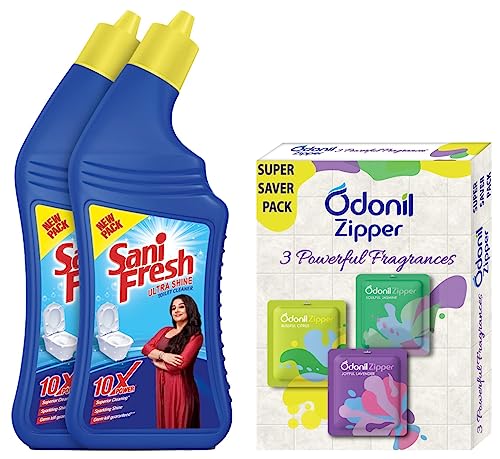 Image of Sanifresh Toilet Cleaner, 1L (pack of 2) Odonil Bathroom Air Freshener Zipper Mix - 30gm (10g x 3) Citrus, Jasmine, Lavender