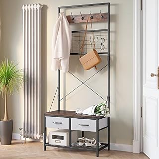 YITAHOME Coat Rack Stand with Shoe Storage Rack and Bench, 5-in-1 Industrial Standing Hall Tree for Clothes Hats Bags with 5 Removable Hooks for Hallway Living Room, Sturdy Frame, 2 Foldable Drawers