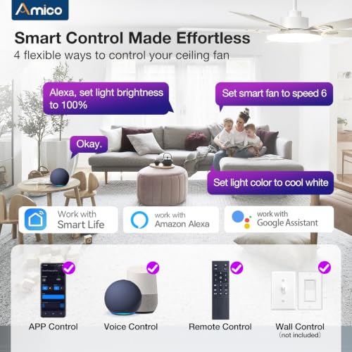 Image of Amico 52 inch RGB Smart Ceiling Fans with Lights, Downrod Mount, WiFi, White | RGB Light, Music Sync, 3CCT Dimmable, App /Remote /Alexa /Google, Quiet 6 speeds Reversible DC Motor, Timer, Bedroom /Living room