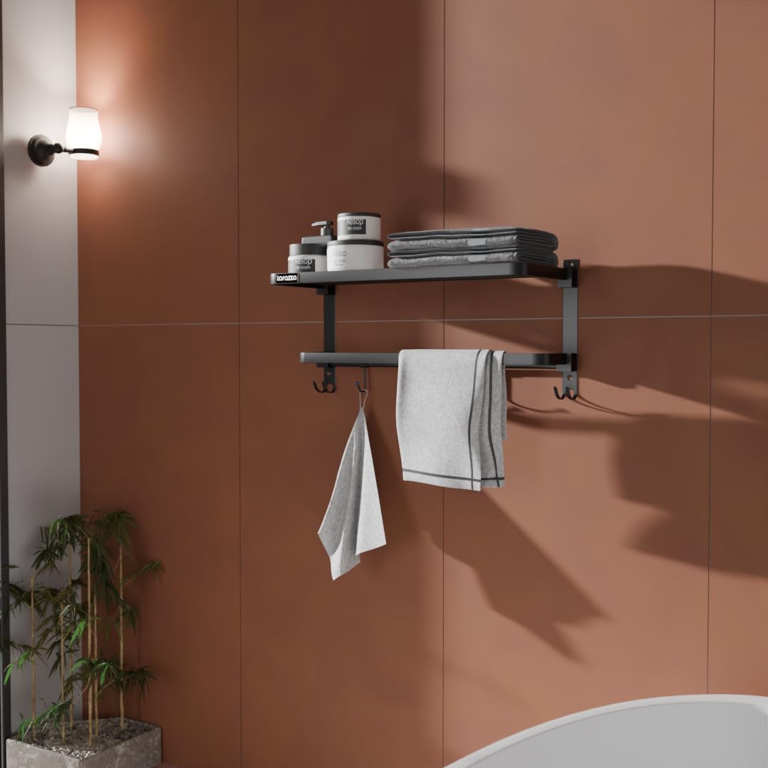 Lorazzo Powder Coated Stainless Steel Folding Towel Rack 24 Inch | Black Matte Finish | Wall Mounted Towel Holder | Towel Rod for Bathroom | Heavy Duty Towel Hanger-image-45