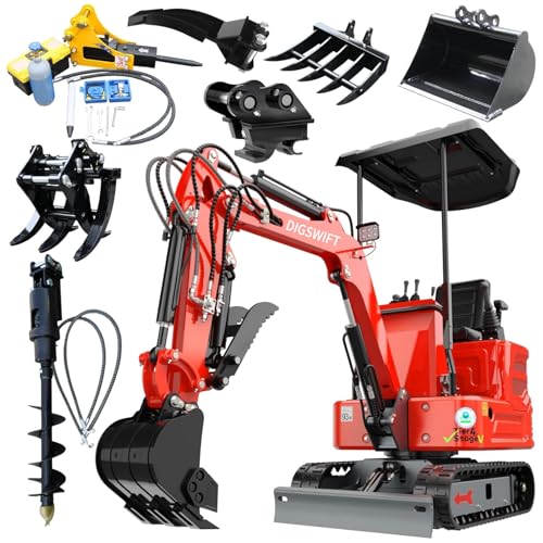 DS-16, 1.4 Tons KubotaDiesel Mini Excavator, w/Pilot System Quick Coupler, Ripper, Rake, Toothless Bucket, Grapple, Auger, Hydraulic Hammer Breaker Kit, Work for Any Occasions, US in Stock red