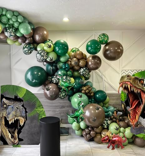 Dinosaur Trunk or Treat Car Party Balloon Arch Garland Kit with Dark Green Sage Green Brown Dino Foil Balloons for suv SUV Car Archway Garage Dinosaur T-REX Theme Halloween Decoration Supplies