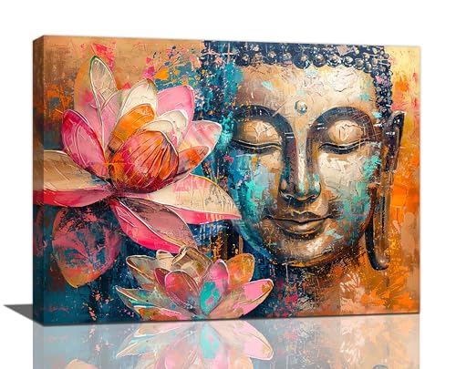 Coxpiso Buddha Wall Art Colorful Zen Lotus Pictures Wall Décor Abstract Buddha Canvas Painting Artwork Buddhist Meditation Home Decoration For Buddhism Room Bathroom Bedroom Living Room Framed 12X16 Inch cover
