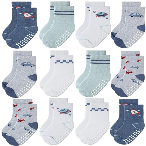 Image of JAKIDAR Baby Toddler Grip Socks, 12 Pairs Non-Slip Crew Cotton Socks for Girls Boys