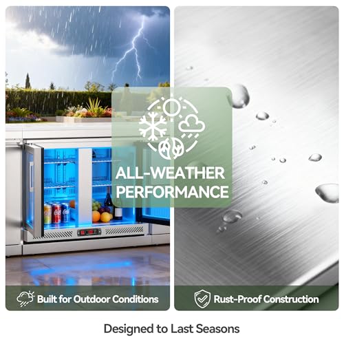 Image of Stainless Steel Outdoor Refrigerator Cabinet, 115L Built-In Double Door Refrigerator with Brushed SS Frame, 0-10C Adjustable Temp with LED Light, for Modular BBQ Grill Island
