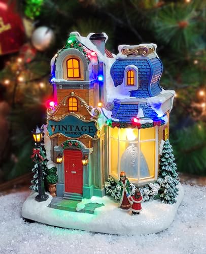MOMENTS IN TIME 10.6”H Polyresin Christmas Village LED & Musical Vintage Boutique Battery Operated (Not Included)