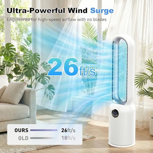 Image of 36 inch Bladeless Tower Fan for Bedroom, Powerful 26ft /s Airflow, 24 Speeds, 90 Oscillation, 12H Timer, Standing Fans with Remote, Quiet Bladeless Cooling Fan for Home Office Room, White Silver