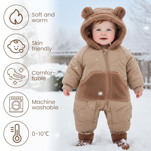 JiAmy Baby Snowsuit Winter Romper Hooded Boys Girls Jumpsuit Bear Thick Windproof Cap Infant Winter Clothes 9-12 Months Brown - image 2