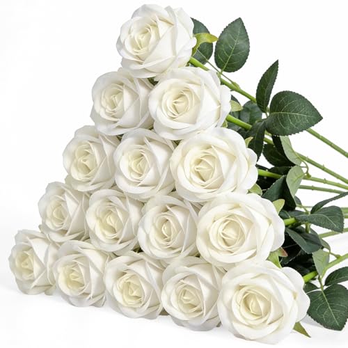 Riqiaqia 15PCS Artificial Flowers Fake Roses Silk Artificial Ivory White Roses with Stems Realistic Bouquets for Wedding Centerpiece Valentines Day Decorations Home Decor Party Crafts DIY