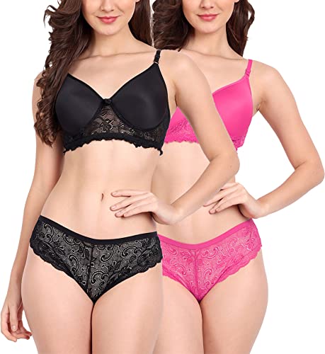Image of FIMS - Fashion is my style Women Cotton Floral Lace Padded, Non-Wired, Full Coverage, Seamless Bra Panty Set, Multicolor, Lingerie Set