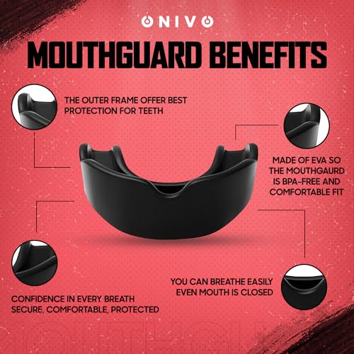 ONIVO Mouth Guard for Men and Kids 12+, Durable Gum Shield for Boxing, MMA, Rugby, Hockey Martial Arts, Judo, Karate and other Sports - Includes Case, Comfortable for Jaw Protection and Safety (Black)